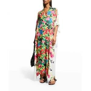 NEW JOHNNY WAS dana swim cover-up side slit pullover kaftan maxi dress in multi